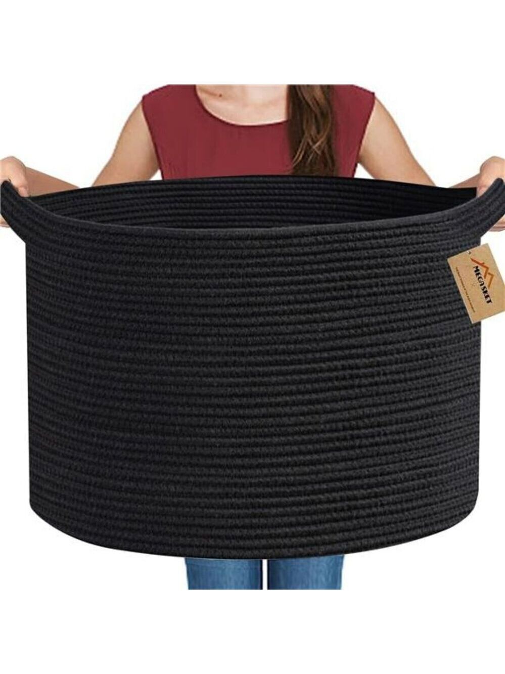 Large Black Woven Rope Basket Blanket Storage Bin Toy Organizer Laundry Hamper
